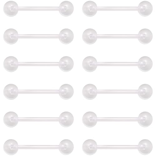 Clear Barbell Piercing Set for Women Men 14 G Acrylic Tongue Piercings Retainers Bars Kit Long Hypoallergenic Belly Button Ring Plastic Nipple Rings Jewellery Cute Body Jewelry 12 pcs - size: 1.6*12+5