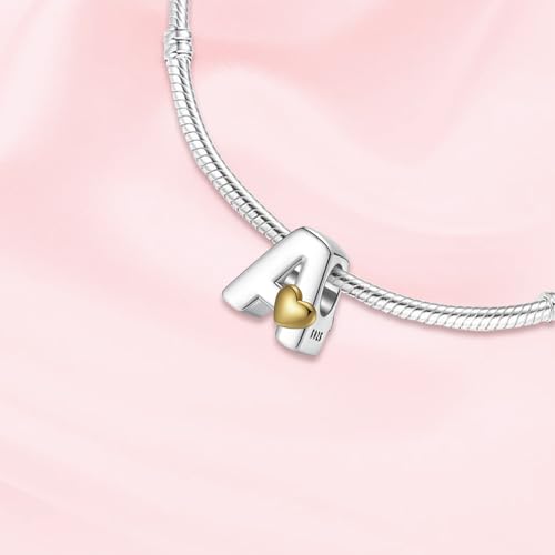 A~Z Alphabet Charm Letter Beads 925 Sterling Silver with Heart-shaped 5A Cubic Zircon Stones fits Pandora European Bracelets Necklace Jewelry Gift for Women - style: A Letter Charms