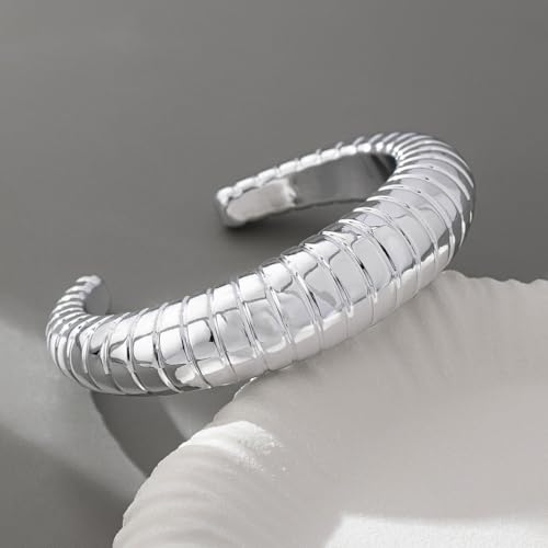 Chunky Geometric Textured Open Cuff Bangle Bracelet for Women Men Trendy Hammered Statement Cuff Bracelet Spiraled Oval Charm Cuff Bracelet Jewelry Gifts - color: Silver