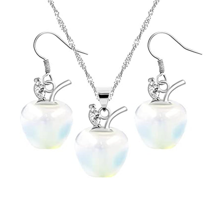 Uloveido Apple Necklace and Earrings Set for Women Cute Apple Jewelry Set for Teacher Mom YL007 - color: Opal