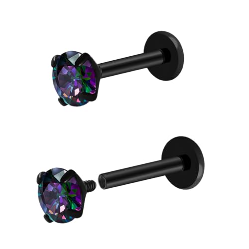 16G 18G Titanium Internal Thread CZ Stud Earrings Flat Back, Silver Black Tragus Helix Conch Cartilage Piercing Jewelry for Women Men 6mm 8mm 10mm Labret Studs 2PCS - color: Black, 16g, 10mm bar, 5mm RQ CZ