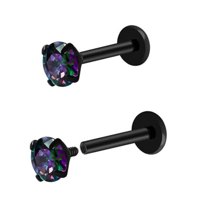 16G 18G Titanium Internal Thread CZ Stud Earrings Flat Back, Silver Black Tragus Helix Conch Cartilage Piercing Jewelry for Women Men 6mm 8mm 10mm Labret Studs 2PCS - color: Black, 16g, 10mm bar, 5mm RQ CZ
