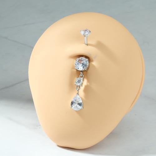 QWALIT Belly Button Rings 14G Surgical Steel Belly Rings CZ Opal Navel Piercing Jewelry for Women Girls 3/8" 10mm Silver Rose Gold - color: D2- dangle 2pcs- silver