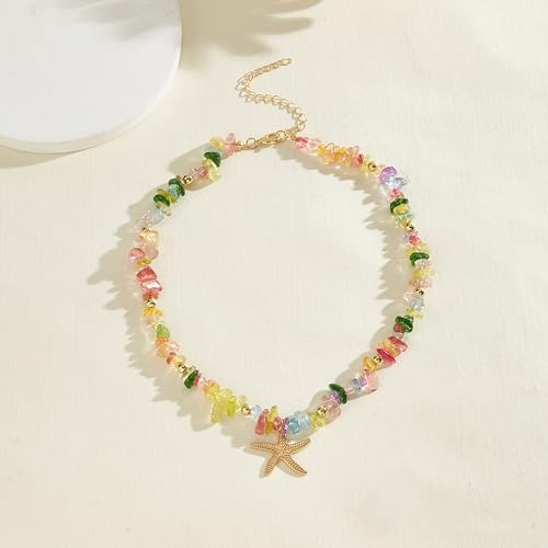 Gold Starfish Necklace Natural Stone Beaded Necklaces for Women Boho Handmade Irregular Stone Bead Necklace Summer Beach Ocean Jewelry Gift - color: Colorful