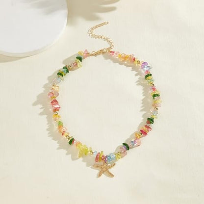 Gold Starfish Necklace Natural Stone Beaded Necklaces for Women Boho Handmade Irregular Stone Bead Necklace Summer Beach Ocean Jewelry Gift - color: Colorful