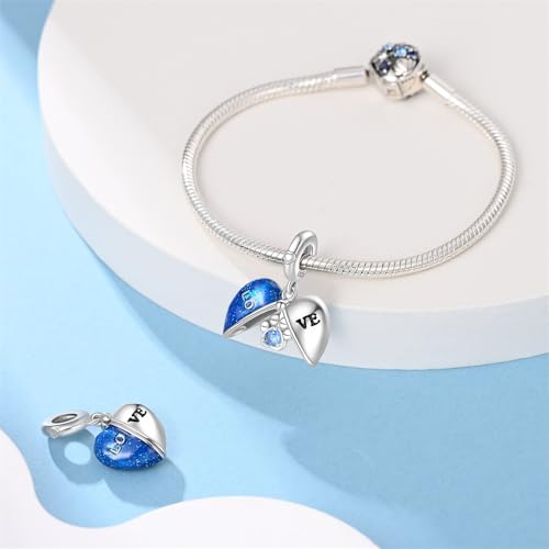 LNQOBU 925 Sterling Silver Charms for Bracelets Dangle Pendant fit Pandora Bracelets or Necklaces Jewelry Woman Gift Beads Charm (With one Spacer Beads) - style: Blue Heart Pendant Charm
