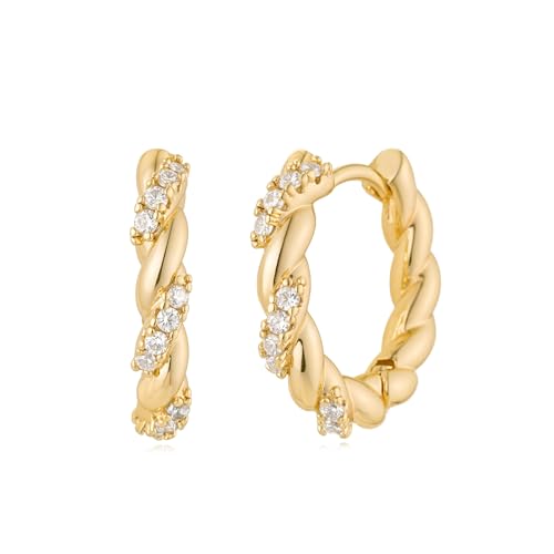 Women Gold Earrings Huggie Hoop Cubic Zirconia 14K Gold Plated Small Simple Hypoallergenic Everyday Jewelry - style: Twisted