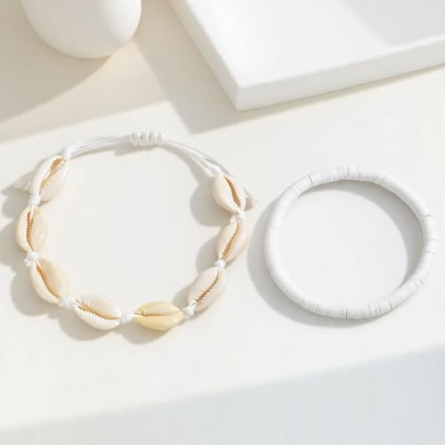Shell Ankle Bracelet Set for Women,Boho Adjustable Beads Anklet Pack Natural White Shells Stack Stretch Seashell Pearl Starfish Bracelet Set Hawaiian Beach Vacation Foot Jewelry - style: F-Shell