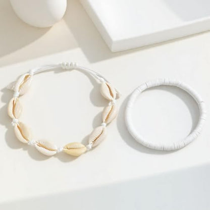 Shell Ankle Bracelet Set for Women,Boho Adjustable Beads Anklet Pack Natural White Shells Stack Stretch Seashell Pearl Starfish Bracelet Set Hawaiian Beach Vacation Foot Jewelry - style: F-Shell