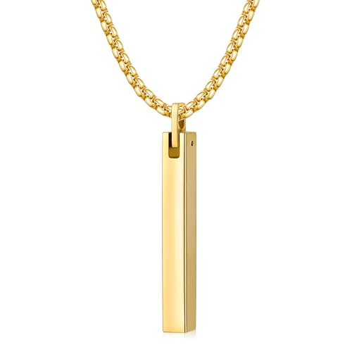 Fiusem Pendant Necklace for Men, Stainless Steel Bar Chain | Silver Tone/14k Gold Plated/Black Mens Pendant Necklaces with 2.5mm Box Chain, Jewelry Gifts 18-28 Inch - color: gold, size: 18 Inches, style: Clasp Rectangle