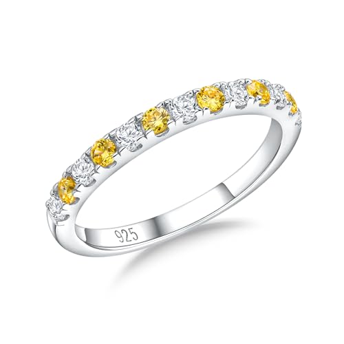 Birthstone Rings Eternity Band 925 Sterling Silver/Yellow Gold-Plated Created Gemstone Stackable Wedding Band 2.7mm Thin Half Eternity Rings for Women Size 6 to 10 - color: 11-Citrine-Nov.