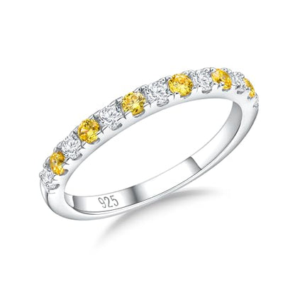 Birthstone Rings Eternity Band 925 Sterling Silver/Yellow Gold-Plated Created Gemstone Stackable Wedding Band 2.7mm Thin Half Eternity Rings for Women Size 6 to 10 - color: 11-Citrine-Nov.