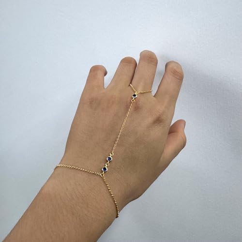 Kakikaki 925 Sterling Silver Finger Ring Bracelet Hand Chain for Women | Slave Bracelets 7" to 9" Adjustable - color: Gold, style: 3 Sapphire