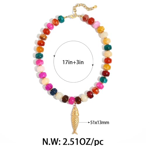 Chunky Gold Fish Pendant Necklace For Women Long Silk Scarf Turquoise Strand Necklace With Fish Pendants Boho Beach Shell Statement Necklaces - style: Bead Fish