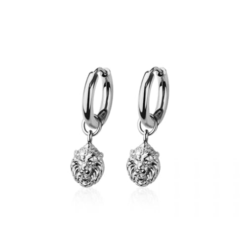 316L Stainless Steel Lion Head Dangling Huggie Hoop Earrings, Sold as a Pair - style: Silver Tone