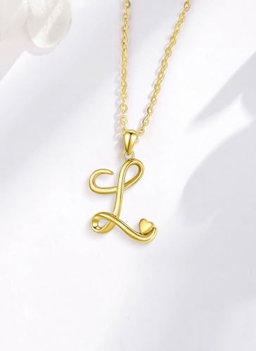 CELESTIA 925 Sterling Silver Initial Necklaces 26 Letter with Rose Gold Heart - 18 Inch Chain - color: Gold-L