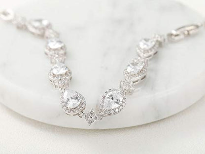 SWEETV Wedding Teardrop Bracelets for Brides Bridesmaids, Crystal Cubic Zirconia Bridal Bracelets for Women Prom - color: Silver