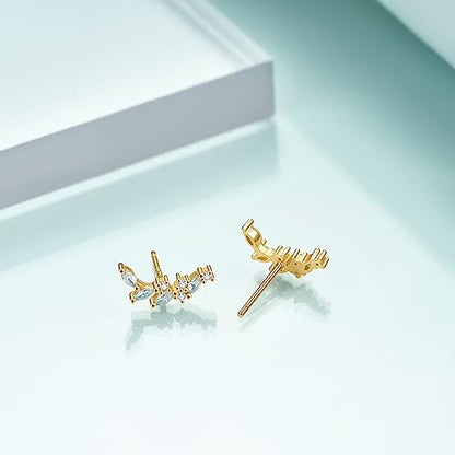 Rnivida 925 Sterling Silver Dainty Cz Climber Stud Earrings, Hypoallergenic Small Cubic Zirconia Ear Crawler Earring for Women - color: Cz Leaf - Gold