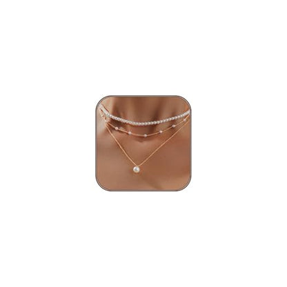 OGD Gold Pearl Necklace Set for Women 14K Plated Layered Daisy Choker Gift - color: 3PCS-Gold
