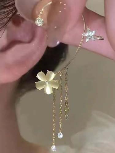 2PCS Flower Tassel Zircon Earrings Ear Cuffs No Piercing Flower Climber Wrap Around Earrings Pearl Drop Earrings for Women Fairy Ear Clip Dainty Wedding Earrings for Brides - color: Style 3- Gold