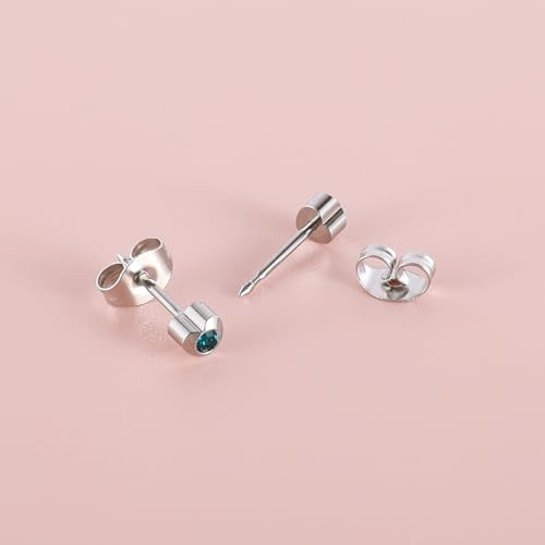 12 Pairs Ear Piercing Stud Earrings for Ear Piercing Guns, Surgical Stainless Steel Multicolor Round Heart Star Cubic Zirconia Birthstone Stud Earrings Set - style: Silver heart 4mm