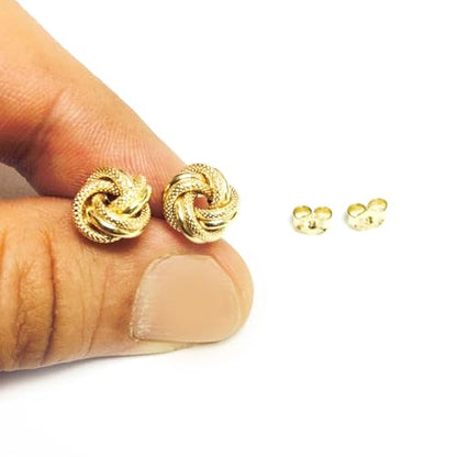 14k Yellow Gold Shiny And Textured Double Row Love Knot Stud Earrings, 10mm