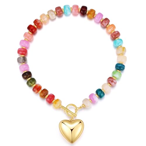Chunky Heart Necklaces for Women Colorful Resin Beaded Necklaces for Women Gold Puffy Heart Statement Necklace Trendy Acrylic Choker Jewelry Gift - color: Colorful