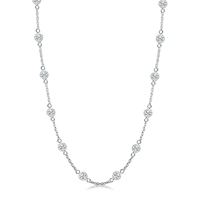 LeCalla 925 Sterling Silver CZ Station Necklace for Women | Italian Round Cubic Zirconia Station Chain Necklace (16, 18, 20, 24 Inches) - color: Sterling Silver, size: Length 16" + 1" Ext. (Women's Choker Length)