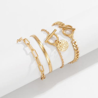 Alegend Bracelets Sets 14K Gold Plated Stackable Various Style Paperclip Chains to Toggle Clasp with Coin Charm Trendy