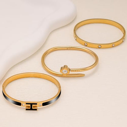 3Pcs Gold Bracelets for Women 14K Gold Plated Love/H/Nail Bangle Bracelet Dainty Non Tarnish Bracelet Jewelry Christmas Mothers Day Gifts for Women - color: 3Pcs Gold/Black H bracelet