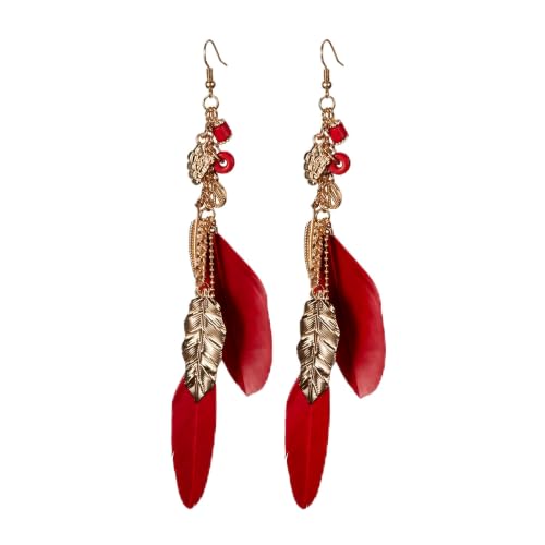 FRESHME Native American Earrings for Women - Ethnic Boho Feather Dangle Jewelry with Tessel for Birthday Party Photoshoot - color: Red