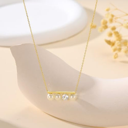 S925 Sterling Silver Dainty Peral Necklaces for Women 18K Gold Plated Pearl Bar Drop Pendant Choker Necklace Y-Shaped Adjustable Chain Hypoallergenic Womens Jewelry Gifts Fashion Accessories - color: Gold-CZ & Bar