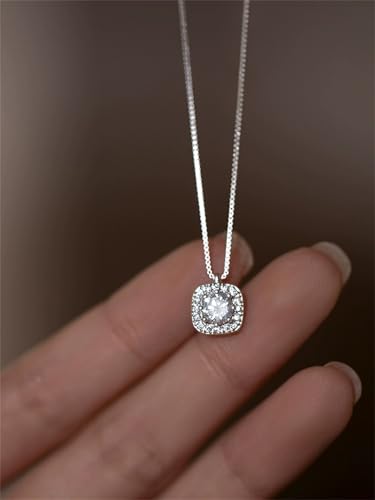Silver Square Diamond Necklaces for Women Dainty Sparkly Cubic Zirconia Pendant Choker Necklace Gift Trendy