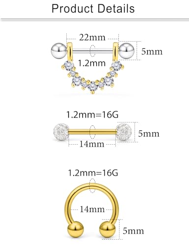 Cisyozi 16G 14G Nipple Piercing Jewelry Tongue Rings Hypoallergenic Surgical Steel Screw Nipple Tongue Shield Ring Barbell Body Piercing Jewelry Retainer for Women 9/16 Inch 14mm - color: H:8Pairs-16g(1.2mm)-Gold