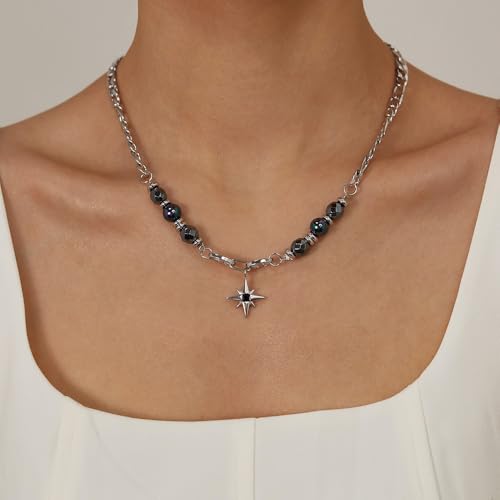 Gothic Cross Star Necklace For Men Women Silver Stainless Steel Cuban Link Paperclip Figaro Bead Chain Punk Kpop Y2k Goth Irregular Layered Cross Pendant Necklace Non Tarnish Jewelry Gift - color: Silver E
