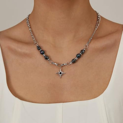 Gothic Cross Star Necklace For Men Women Silver Stainless Steel Cuban Link Paperclip Figaro Bead Chain Punk Kpop Y2k Goth Irregular Layered Cross Pendant Necklace Non Tarnish Jewelry Gift - color: Silver E