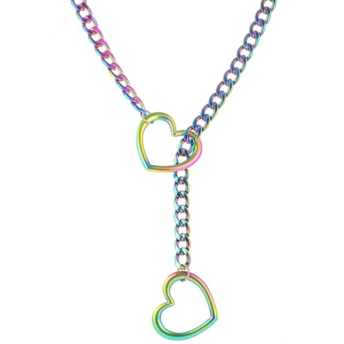sroyte Heart Slip Chain Necklaces for Women,Stainless Steel O-Ring Adjustable Lariat Y-Necklace,Punk Gothic Cuban Collar Choker Necklace for women - color: Chunky Colorful Heart, size: 25"
