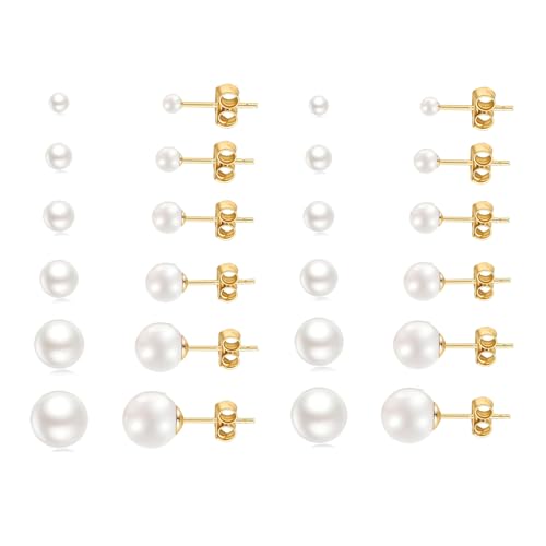 12 Pairs Pearl Stud Earrings for Women | White Pearl CZ Ball Hypoallergenic Earrings, Bridal Simulated Pearl Rhinestone Pearls Stud Earrings Jewelry Set for Wedding - color: Gold
