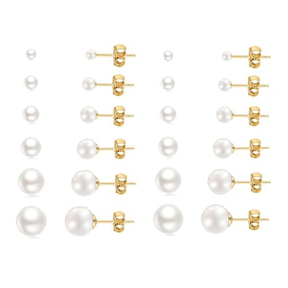 12 Pairs Pearl Stud Earrings for Women | White Pearl CZ Ball Hypoallergenic Earrings, Bridal Simulated Pearl Rhinestone Pearls Stud Earrings Jewelry Set for Wedding - color: Gold
