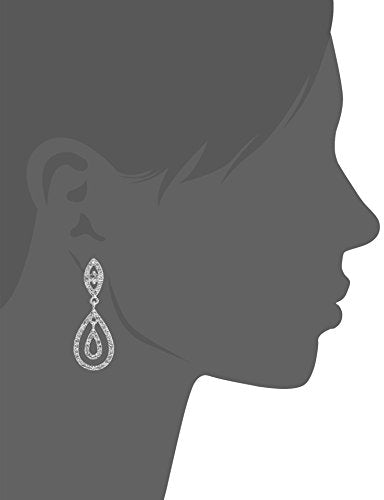 Silver Crystal Rhinestone Two Layer Teardrop Pear Shaped Dangle Clip Earrings Tipped with Eye Shape
