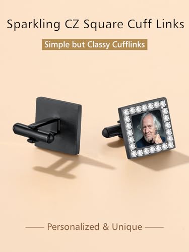 FindChic Stainless Steel Round Cufflinks with Custom Text/Picture/Monogram Letters 18K Gold Plated/Black Color for Men Groom Suits Shirts, with Gift Box - style: 02. CZ custom photo-square (black)