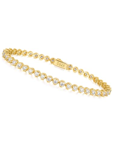Sterling Silver 14K Gold Plated 2.5mm/3mm/4mm/5mm Round Cut Moissanite Tennis Bracelet, Classic Luxury Bezel Set Diamond Bracelets for Women Men Wedding Birthday Jewelry, Size 6.5" 7" 7.5" 8.3" - color: 2.5mm Width-Moissanite-Gold, size: 7.0 Inch (Fit Wri