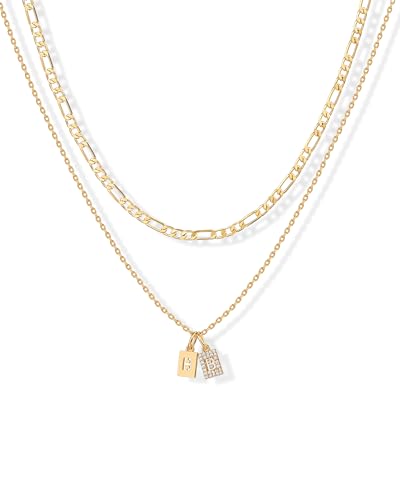 PAVOI Initial Necklace for Women, 14K Gold Plated Double Dog Tag CZ Pendant | Dainty Necklace, Letter Tag Necklace, Cubic Zirconia Pendant, Box Chain Necklace - style: - B
