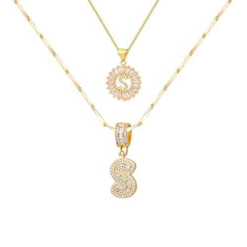 2PCS Initial Necklaces for Women, 14K Gold Plated Letter Pendant Set | Trendy Layered Bling Style, Meaningful Letter & Round CZ Pendant Design - color: Gold, style: Letter S