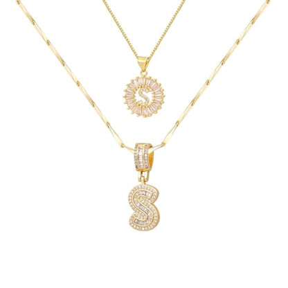 2PCS Initial Necklaces for Women, 14K Gold Plated Letter Pendant Set | Trendy Layered Bling Style, Meaningful Letter & Round CZ Pendant Design - color: Gold, style: Letter S