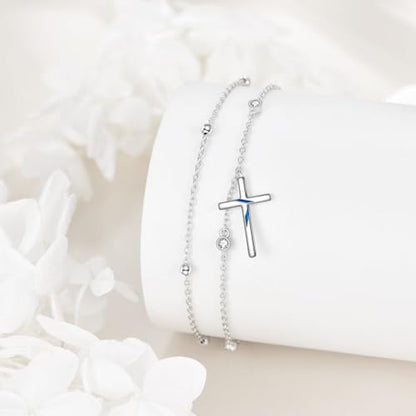 LUHE Cross Ankle Bracelets Sterling Silver Religius Double Chain Anklets Christian Baptism Layered Anklet Jewelry Gifts for Women - style: Elegant cross anklet