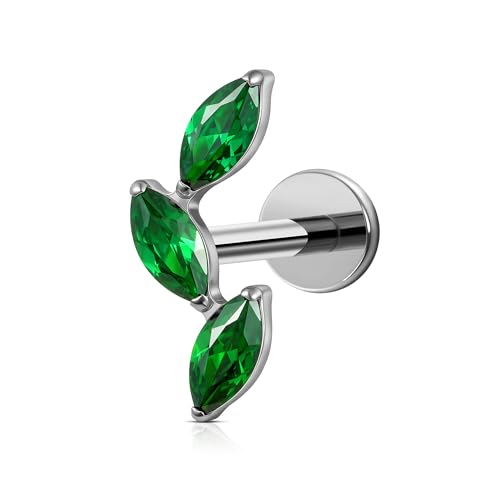 FINE4U 16G CZ Cluster Climber Cartilage Earring for Helix, Tragus - ASTM F136 Titanium Triple Marquise Labret Stud, Screw on Nickel Free Flat Back Jewelry - color: Triple Marquise - Green CZ - Tit