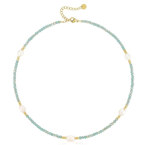 KissYan Beaded Choker Necklace for Women, Colorful Natural Gemstones Pearl Choker 14K Gold Plated Pendant Healing Crystal Necklace Handmade Stone Jewelry Gift | 14K Gold Plated Pendant Necklaces, Natural Gemstones Pearl Choker, Healing Crystal Chain, Hand