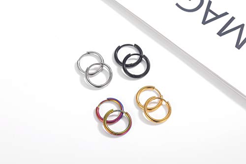 Black Hoop Earrings for Men 8mm 10mm 12mm – Surgical Stainless Steel Hypoallergenic Mens Small to Medium Hoop Earrings Set (3 Pairs) - style: C:4pairs,12mm,black+steel+rainbow+gold