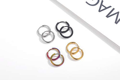 Black Hoop Earrings for Men 8mm 10mm 12mm – Surgical Stainless Steel Hypoallergenic Mens Small to Medium Hoop Earrings Set (3 Pairs) - style: C:4pairs,12mm,black+steel+rainbow+gold
